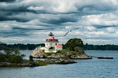 Seagulls Fly Around Sunlit Pomham Rocks Lighthouse in Rhode Isla